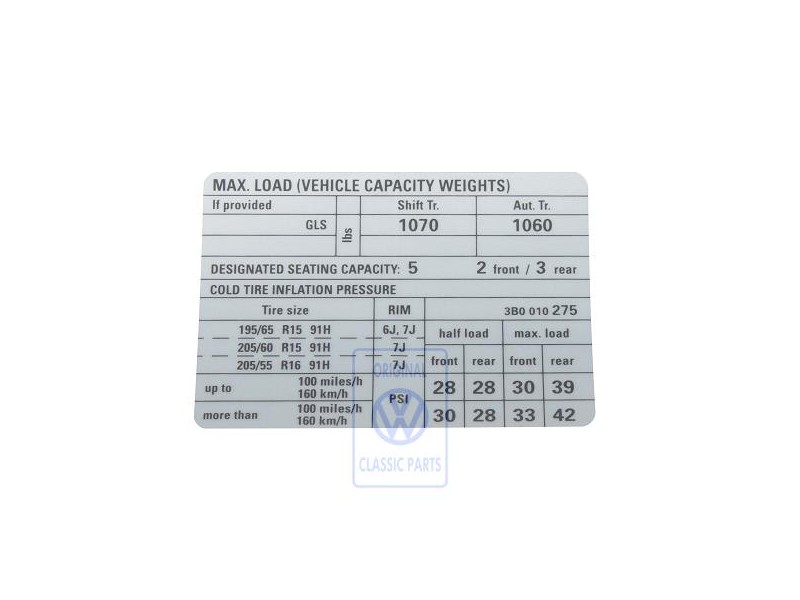 VW Originale Etichetta Per Pressione Pneumatici - 3B0010275