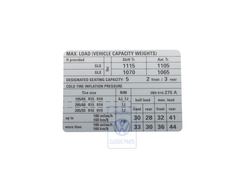 VW Originale Etichetta Per Pressione Pneumatici - 3B0010275A
