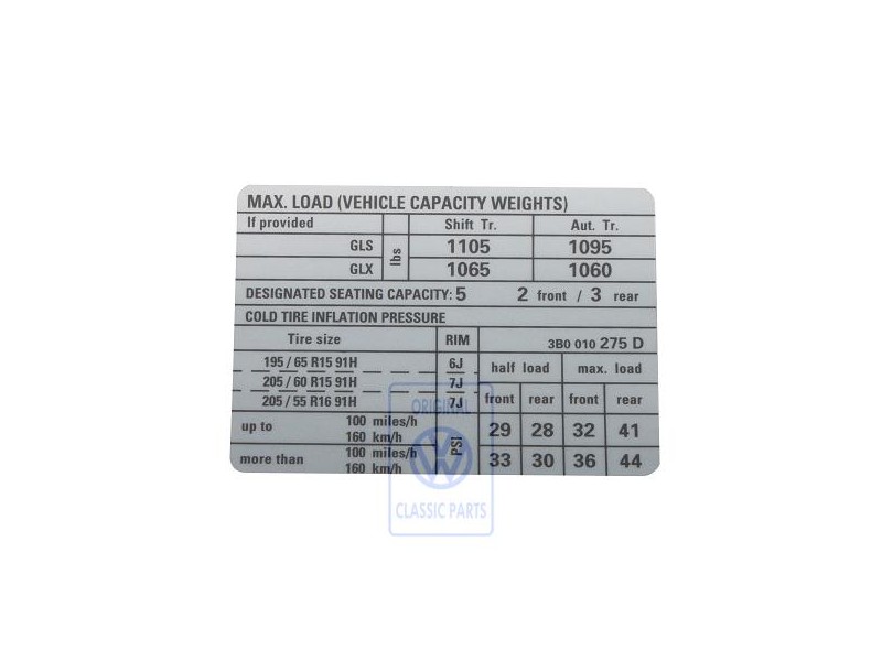 VW Originale Etichetta Per Pressione Pneumatici - 3B0010275D