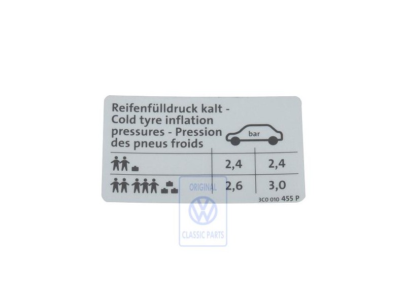 VW Originale Etichetta Per Pressione Pneumatici - 3C0010455P