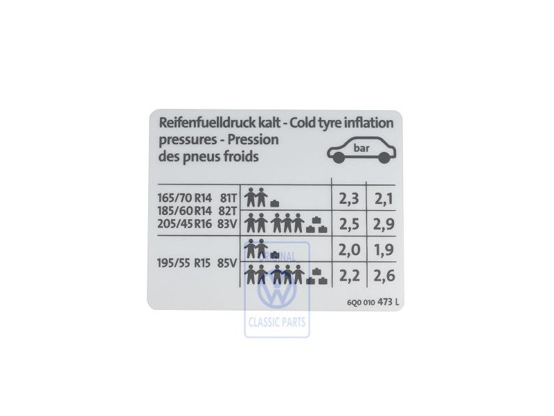 VW Originale Etichetta Per Pressione Pneumatici - 6Q0010473L