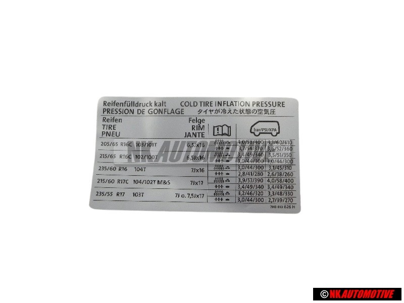 VW Originale Etichetta Per Pressione Pneumatici - 7H0010626H