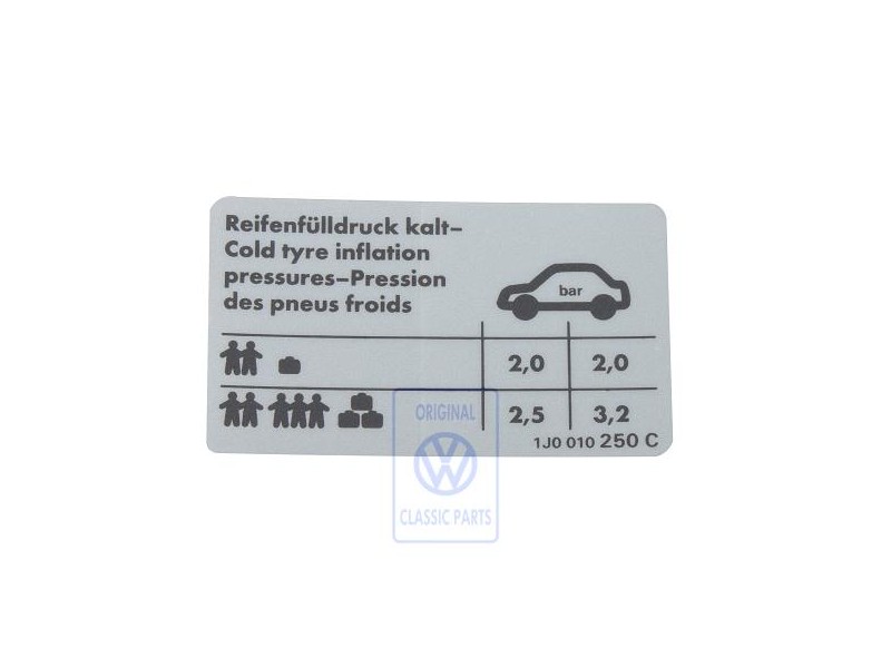 VW Originale Etichetta Per Pressione Pneumatici - 1J0010250C