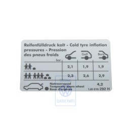 VW Originale Etichetta Per Pressione Pneumatici - 1J0010292H