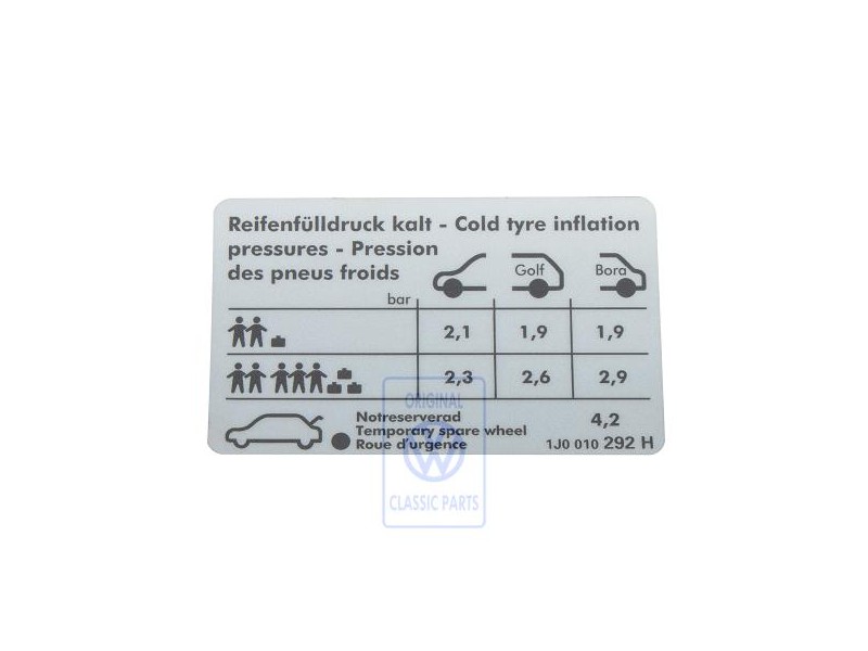 VW Originale Etichetta Per Pressione Pneumatici - 1J0010292H