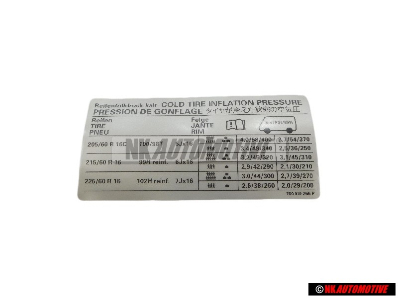 VW Originale Etichetta Per Pressione Pneumatici - 7D0010266P