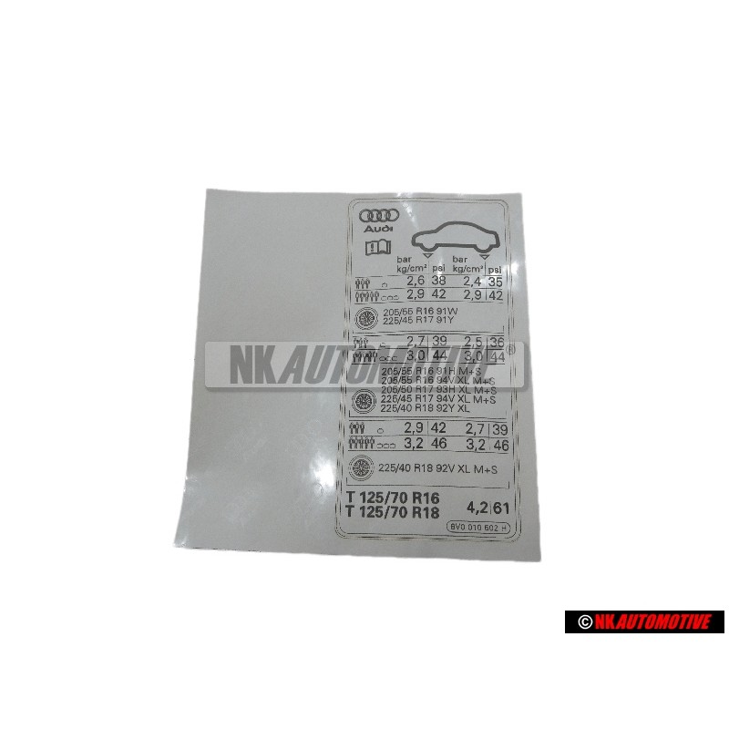 Audi Originale Etichetta Per Pressione Pneumatici - 8V0010502H