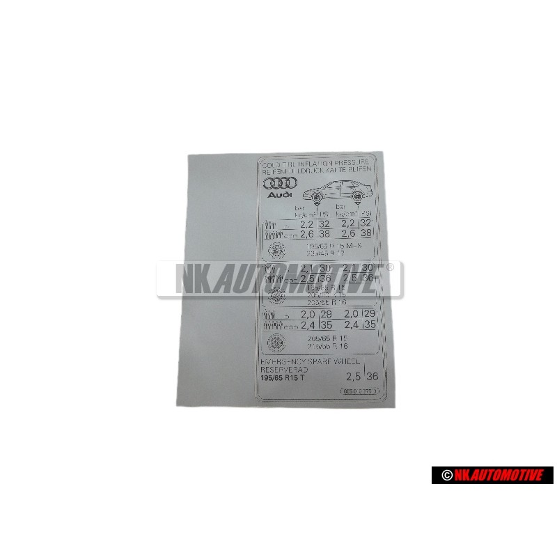 Audi Originale Etichetta Per Pressione Pneumatici - 8E5010375D