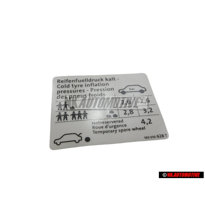 VW Originale Etichetta Per Pressione Pneumatici - 1K0010628T