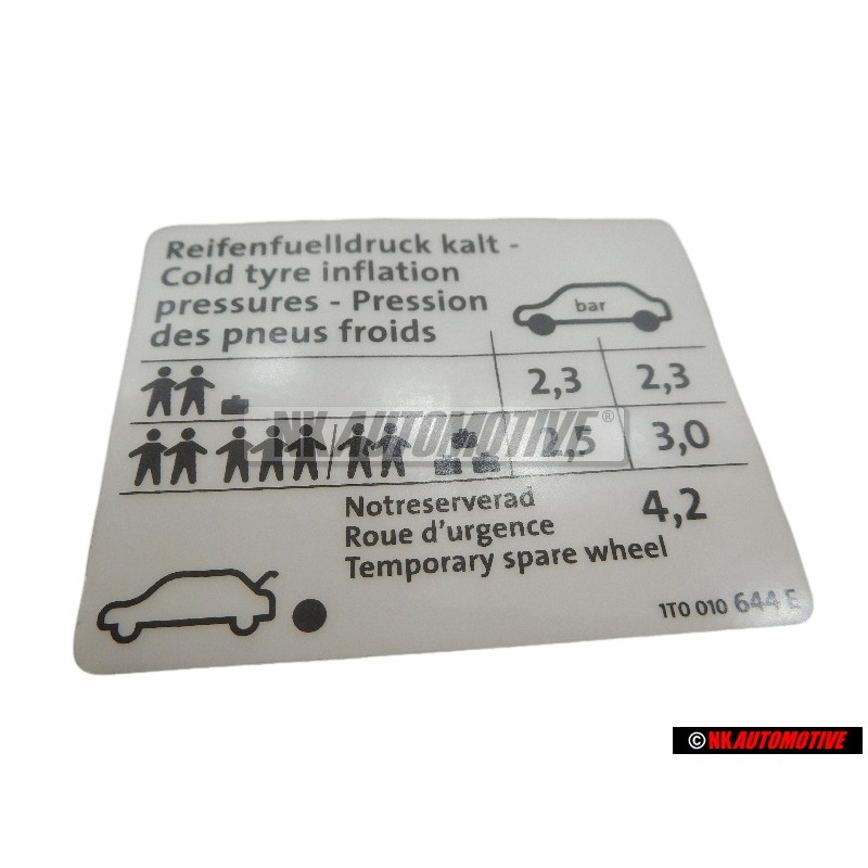 VW Originale Etichetta Per Pressione Pneumatici - 1T0010644E