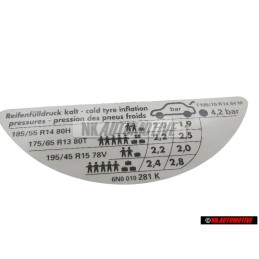 VW Originale Etichetta Per Pressione Pneumatici - 6N0010281K