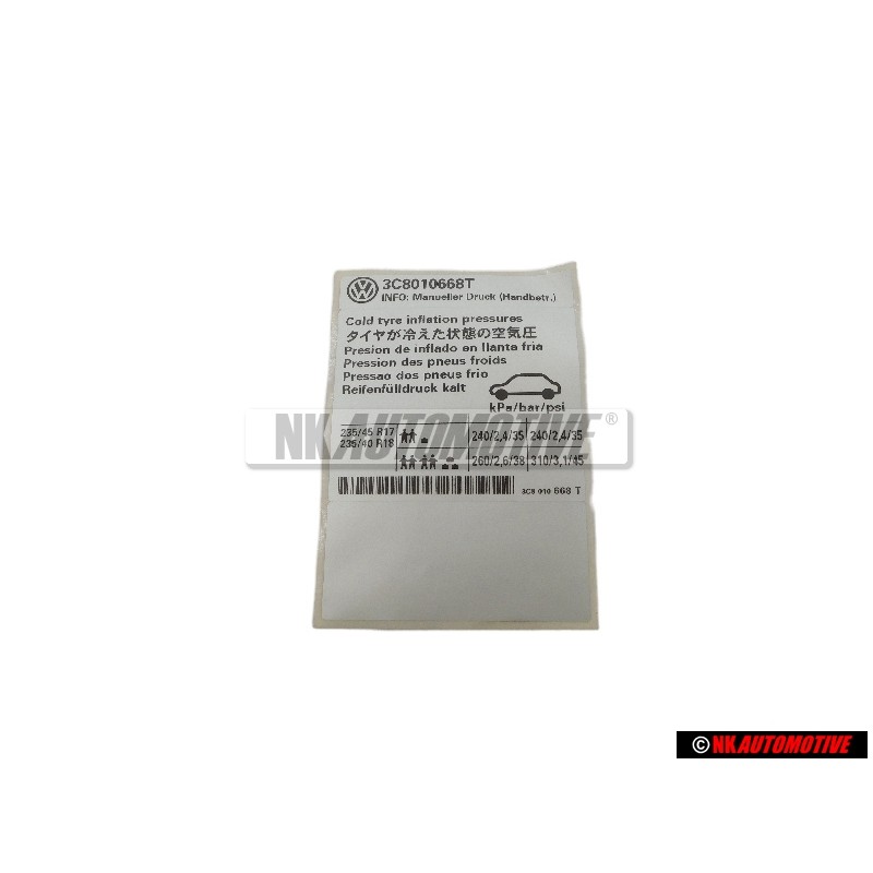 VW Originale Targhetta Per Pressione Pneumatici - 3C8010668T