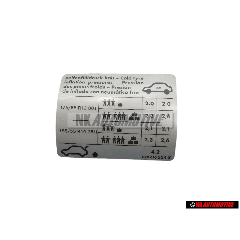 VW Originale Targhetta D'Identificazione Pressione Freddi - 6X0010234S