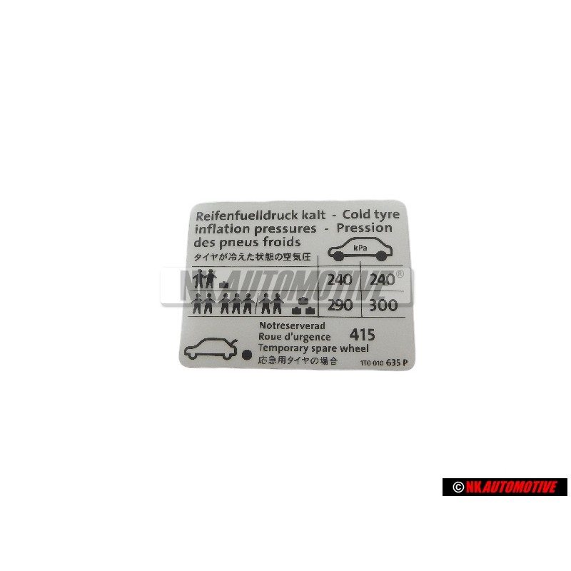 VW Originale Etichetta Per Pressione Pneumatici - 1T0010635P