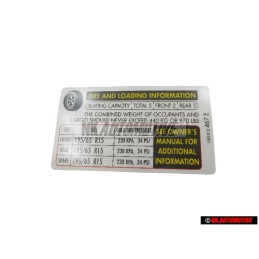 VW Originale Etichetta Per Pressione Pneumatici - 1K0010467E