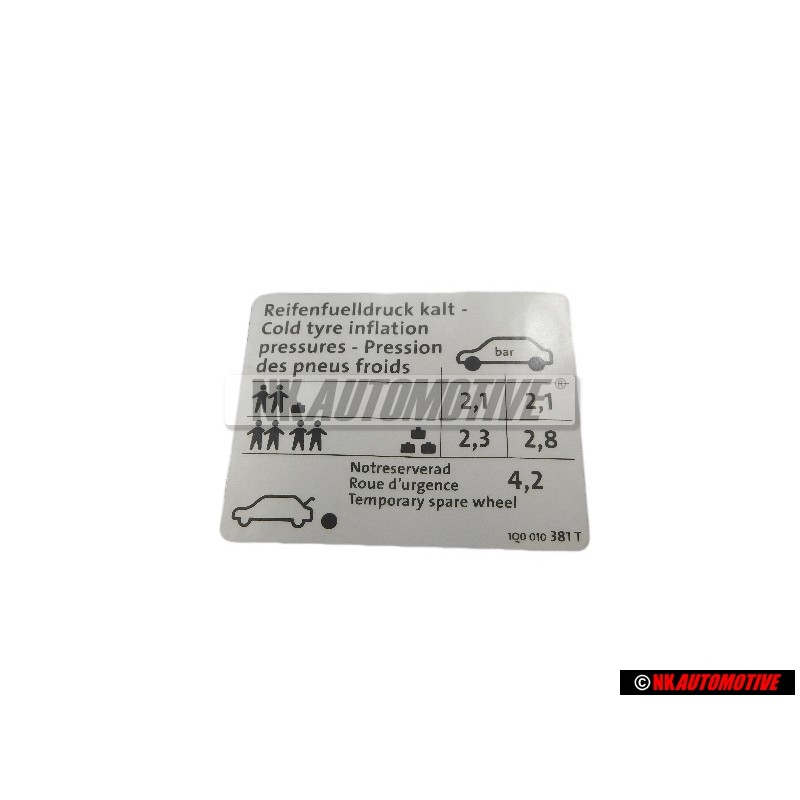 VW Originale Etichetta Per Pressione Pneumatici - 1Q0010381T