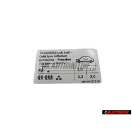 VW Originale Etichetta Per Pressione Pneumatici - 3B0010275N