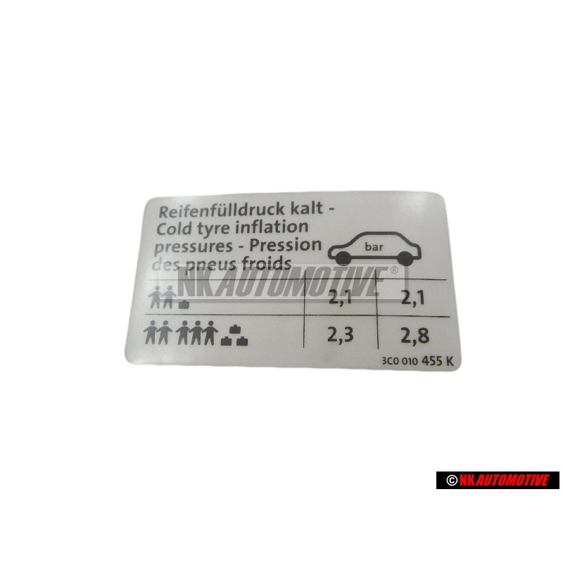 VW Originale Etichetta Per Pressione Pneumatici - 3C0010455K