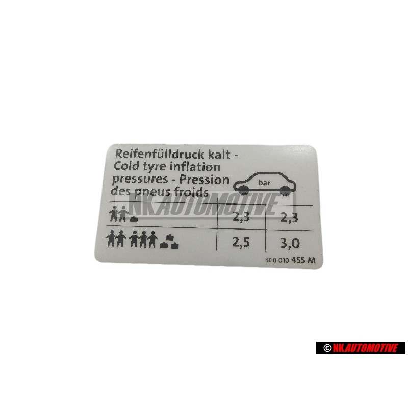 VW Originale Etichetta Per Pressione Pneumatici - 3C0010455M