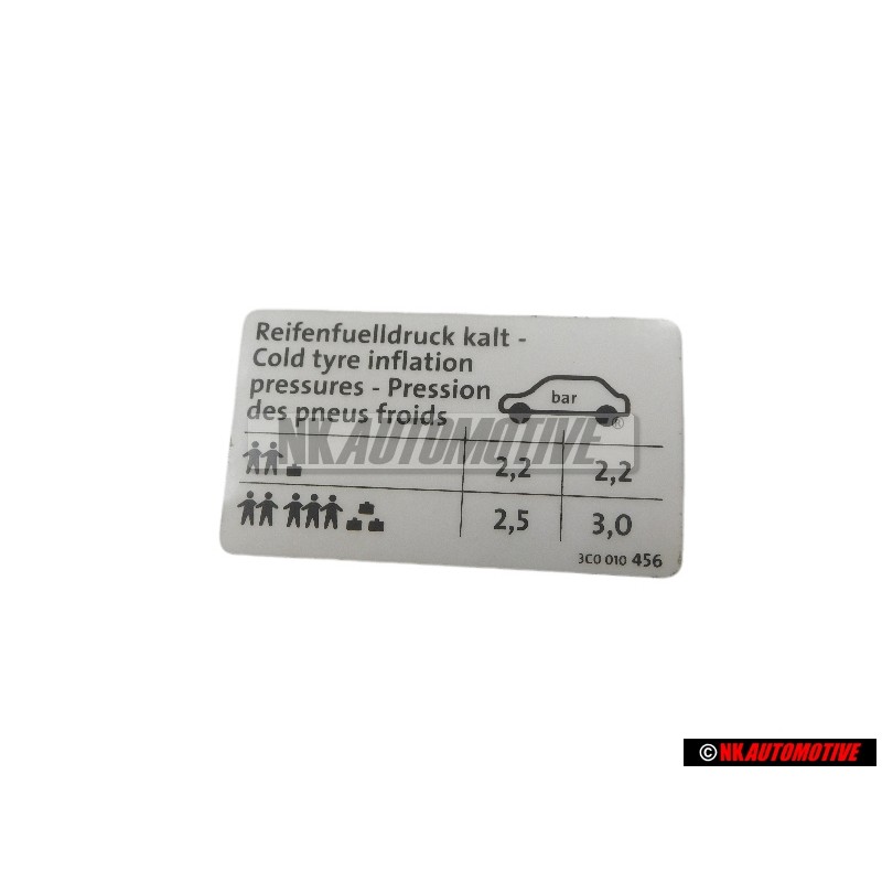 VW Originale Etichetta Per Pressione Pneumatici - 3C0010456