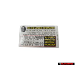 VW Originale Etichetta Per Pressione Pneumatici - 3C0010497T