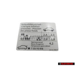 VW Originale Etichetta Per Pressione Pneumatici - 1K0010350P