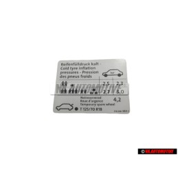 VW Originale Targhetta D'Identificazione Pressione Freddi - 1T0010343J
