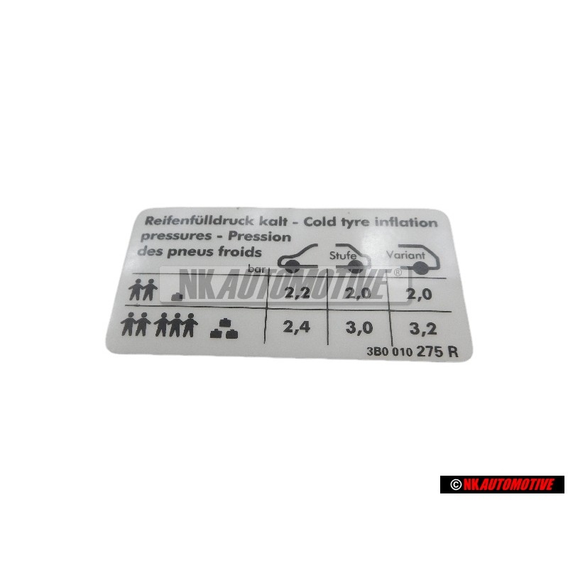 VW Originale Etichetta Per Pressione Pneumatici - 3B0010275R