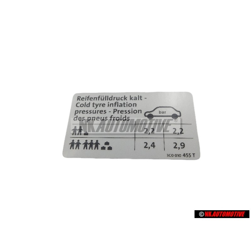 VW Originale Etichetta Per Pressione Pneumatici - 3C0010455T
