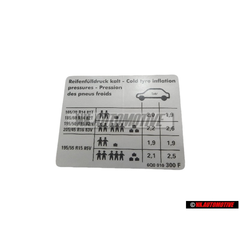 VW Originale Etichetta Per Pressione Pneumatici - 6Q0010300F