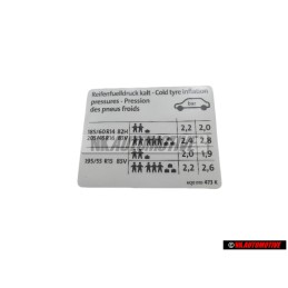 VW Originale Etichetta Per Pressione Pneumatici - 6Q0010473K