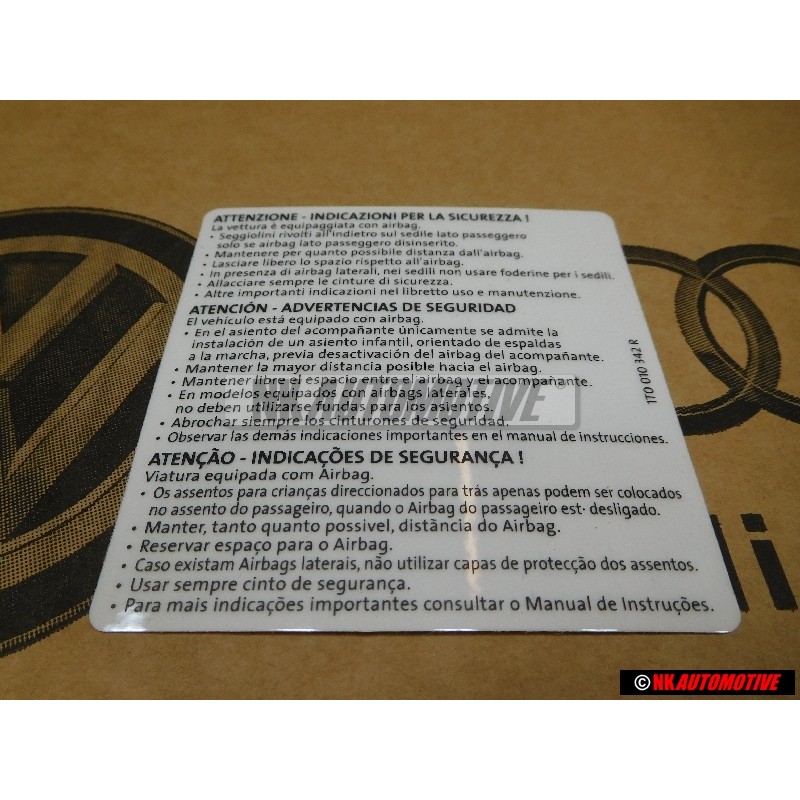 VW Originale Etichetta -Attenzione- Indicazioni Per La Sicurezza - 1T0010342R