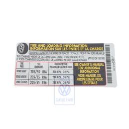 VW Originale Etichetta Per Pressione Pneumatici - 1K0010658F
