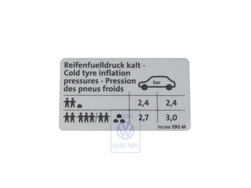 VW Originale Etichetta Per Pressione Pneumatici - 1T0010390M