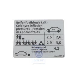 VW Originale Etichetta Per Pressione Pneumatici - 1T0010391G