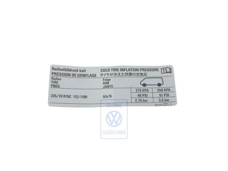 VW Originale Etichetta Per Pressione Pneumatici - 2D0010231J