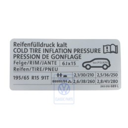 VW Originale Etichetta Per Pressione Pneumatici - 2K0010689L